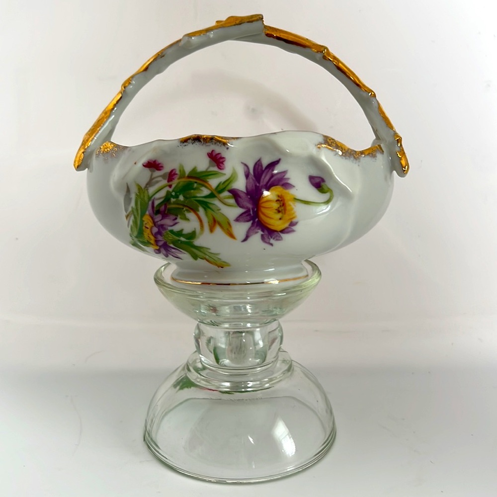 Japan Floral Painted Gold Trimmed Bowl Golden  Twig Handle, Holiday